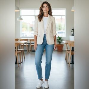 Stelen Cream Ruched Sleeve Blazer with Classic Lapel